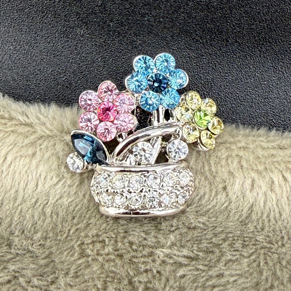 Flower Basket Brooch Silver Tone Rhinestone Sparkles‎ Pink Blue